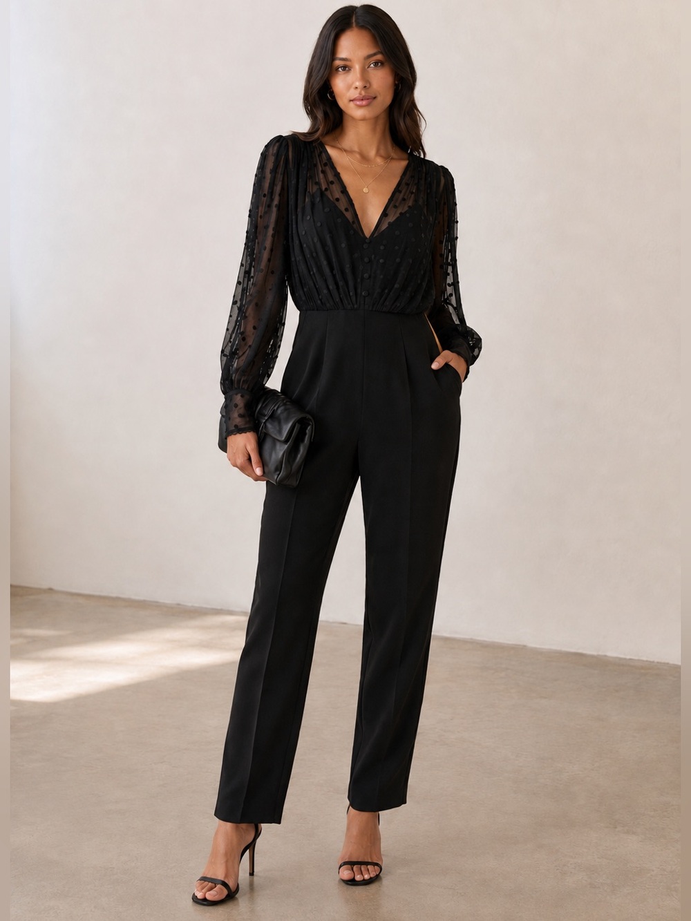 Saloni Black Jumpsuit polka dot Bernadette sheer sleeves plunge v neck size 4